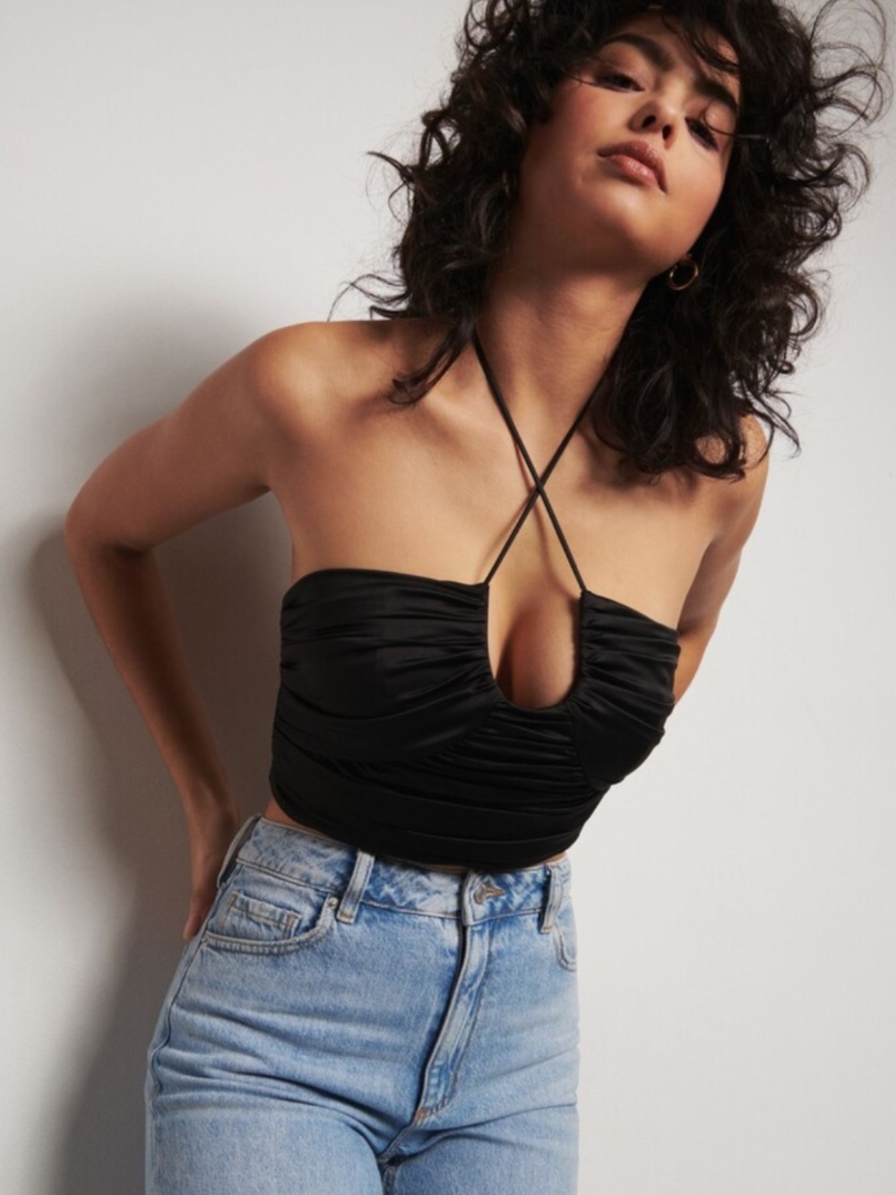 Dynamite Ruched Satin Halter Top